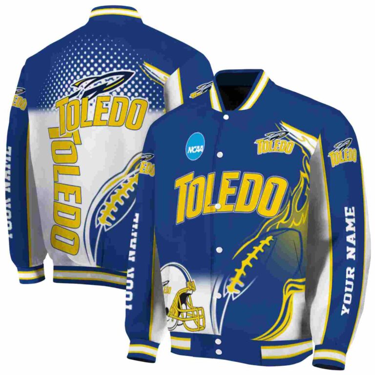 personalized toledo rockets flaming football blue white jacket fashion forward jacketwow