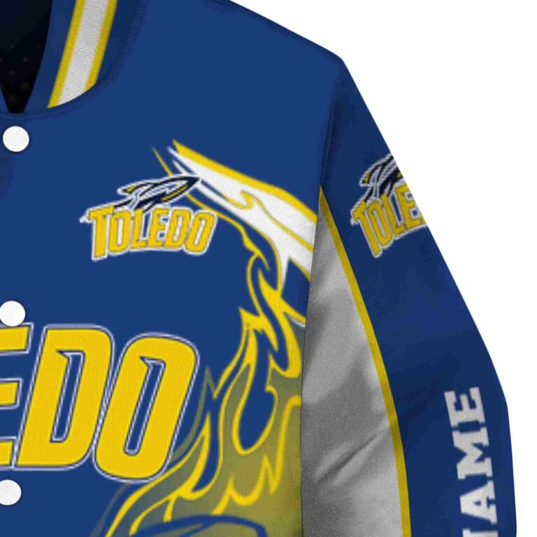 personalized toledo rockets flaming football blue white jacket premium grade jacketwow