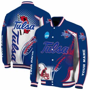 personalized tulsa golden hurricane flaming football blue white jacket fashion forward jacketwow