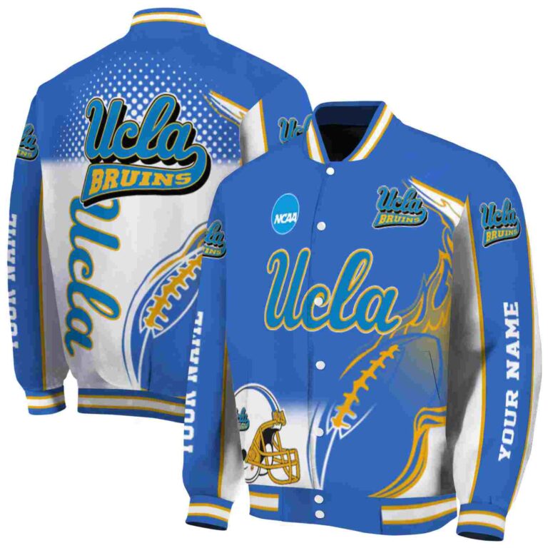 personalized ucla bruins flaming football blue white jacket fashion forward jacketwow