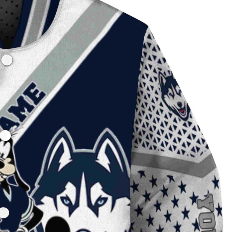 personalized uconn huskies mickey donald goofy blue white jacket premium grade jacketwow