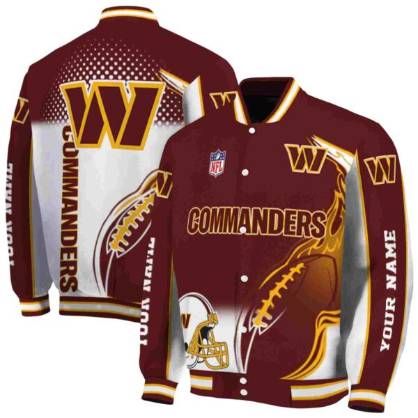 personalized washington commanders flaming football burgundy white jacket fashion forward jacketwow