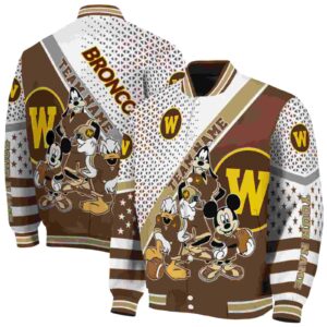 personalized western michigan broncos mickey donald goofy brown white jacket fashion forward jacketwow