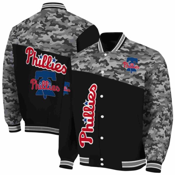 philadelphia phillies camo patchwork black jacket fashion forward jacketwow