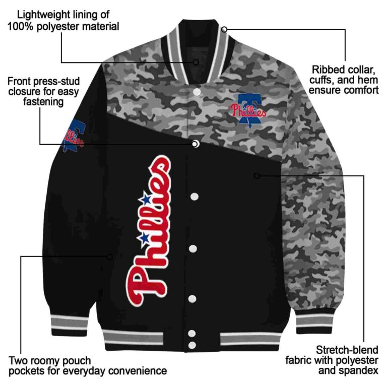 philadelphia phillies camo patchwork black jacket new arrival jacketwow