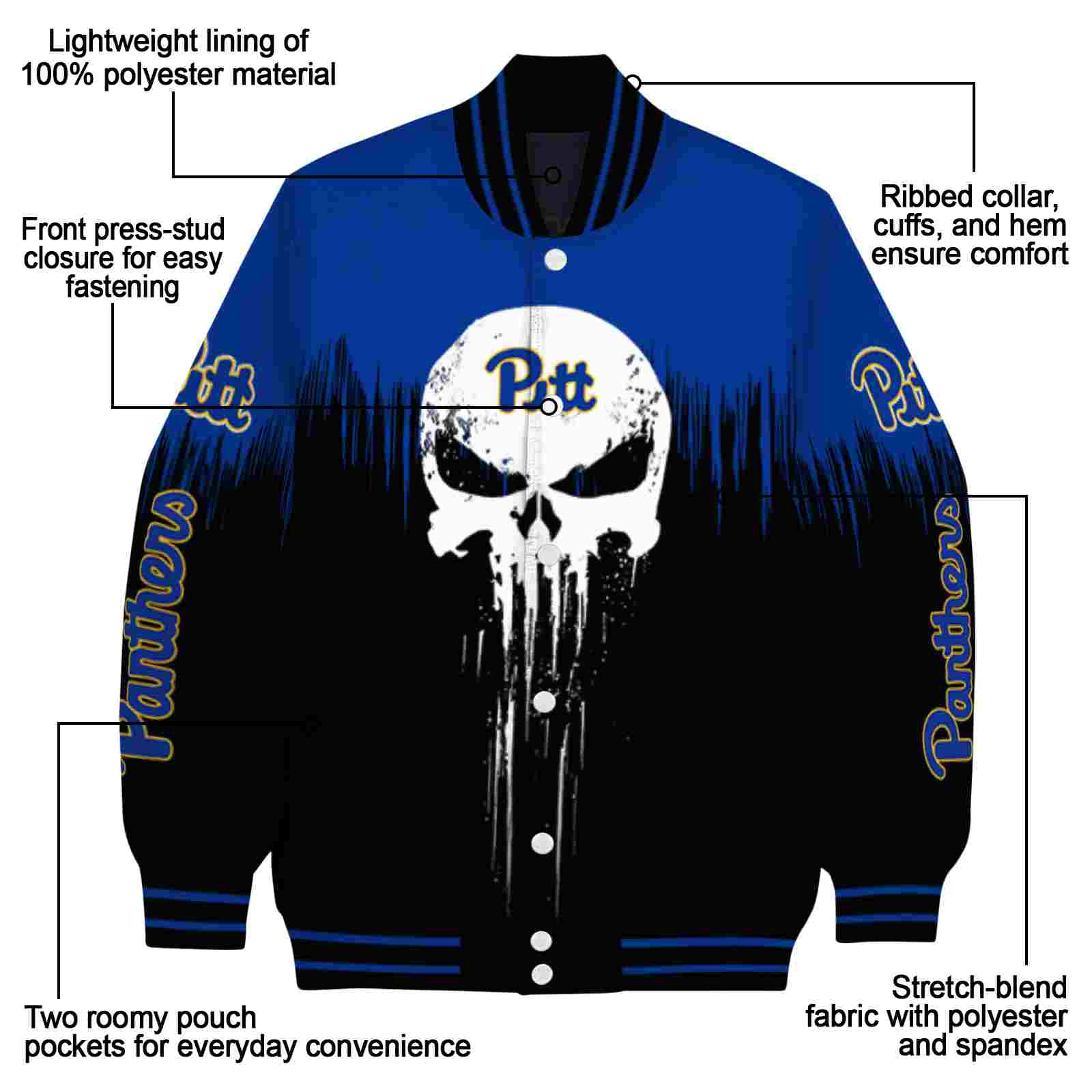 pittsburgh panthers punisher skull royal blue black white jacket new arrival jacketwow pittsburgh panthers punisher skull royal blue black white jacket new arrival jacketwow