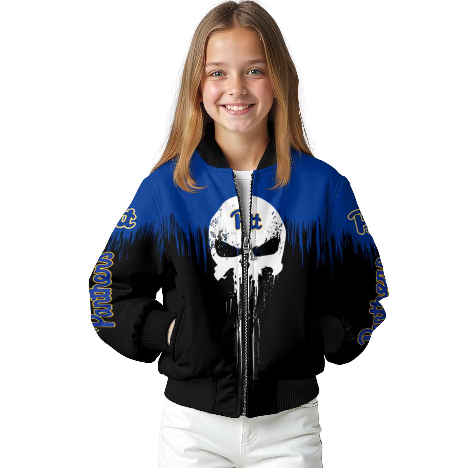 pittsburgh panthers punisher skull royal blue black white jacket top rated jacketwow pittsburgh panthers punisher skull royal blue black white jacket top rated jacketwow