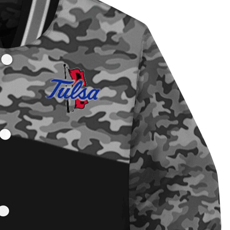 tulsa golden hurricane camo patchwork black jacket premium grade jacketwow