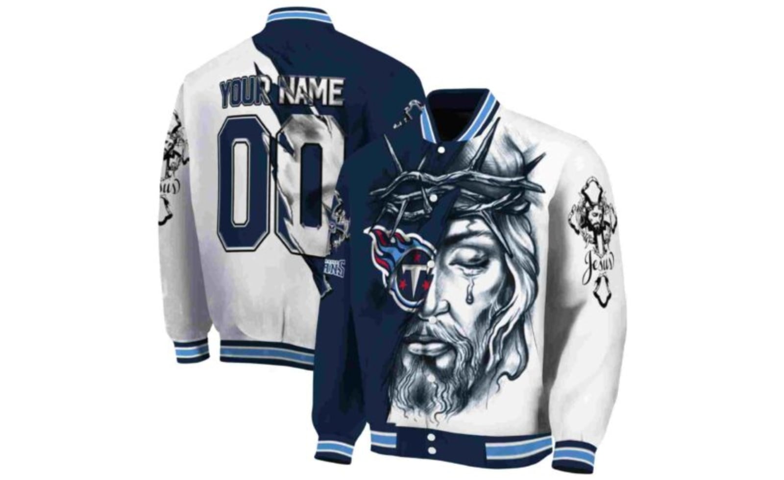 how to design a varsity jacket 13 Tennessee Titans Jesus Tears Navy White Jacket Is Suitable For Both Men, Women, And Kids