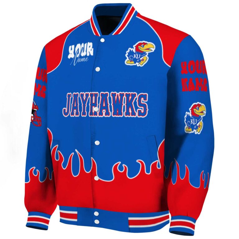 customized kansas jayhawks fire graphic blue jacket best selling