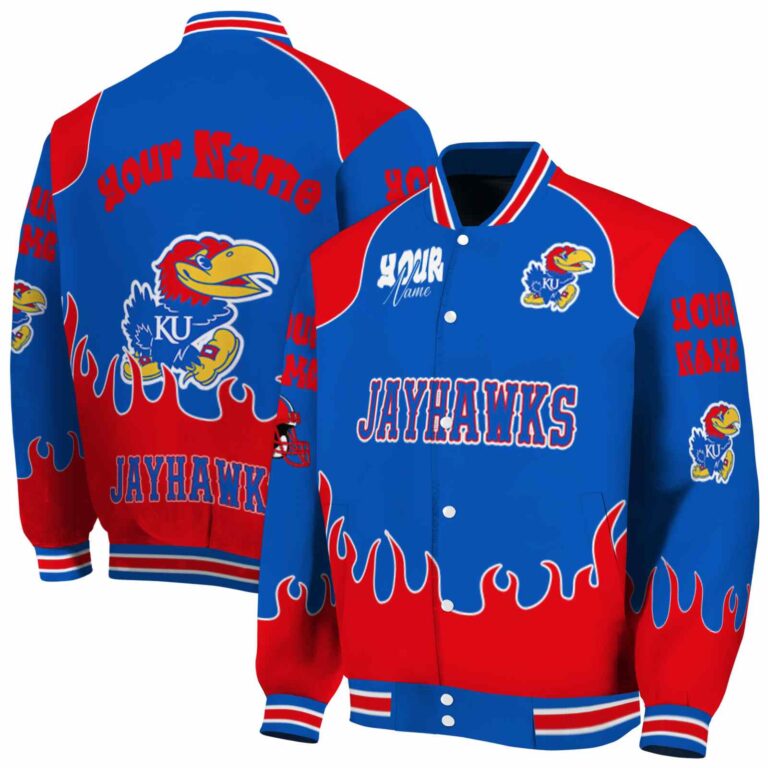 customized kansas jayhawks fire graphic blue jacket fashion forward