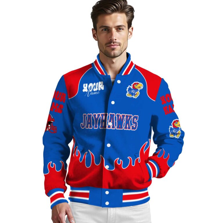 customized kansas jayhawks fire graphic blue jacket high quality