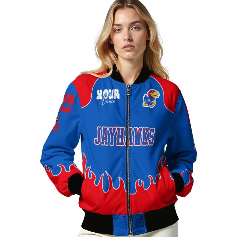 customized kansas jayhawks fire graphic blue jacket latest model