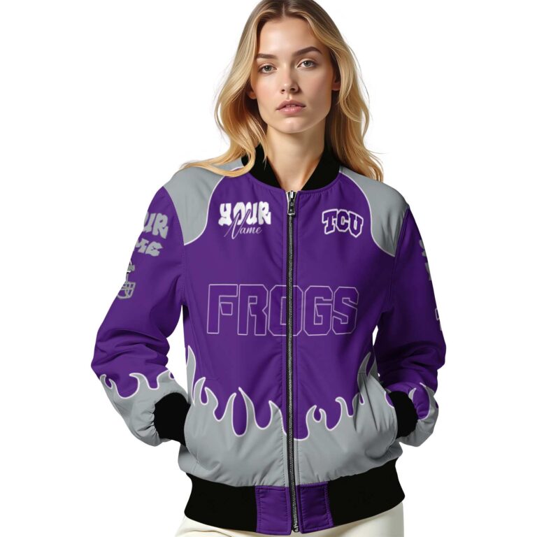customized tcu horned frogs fire graphic purple jacket latest model