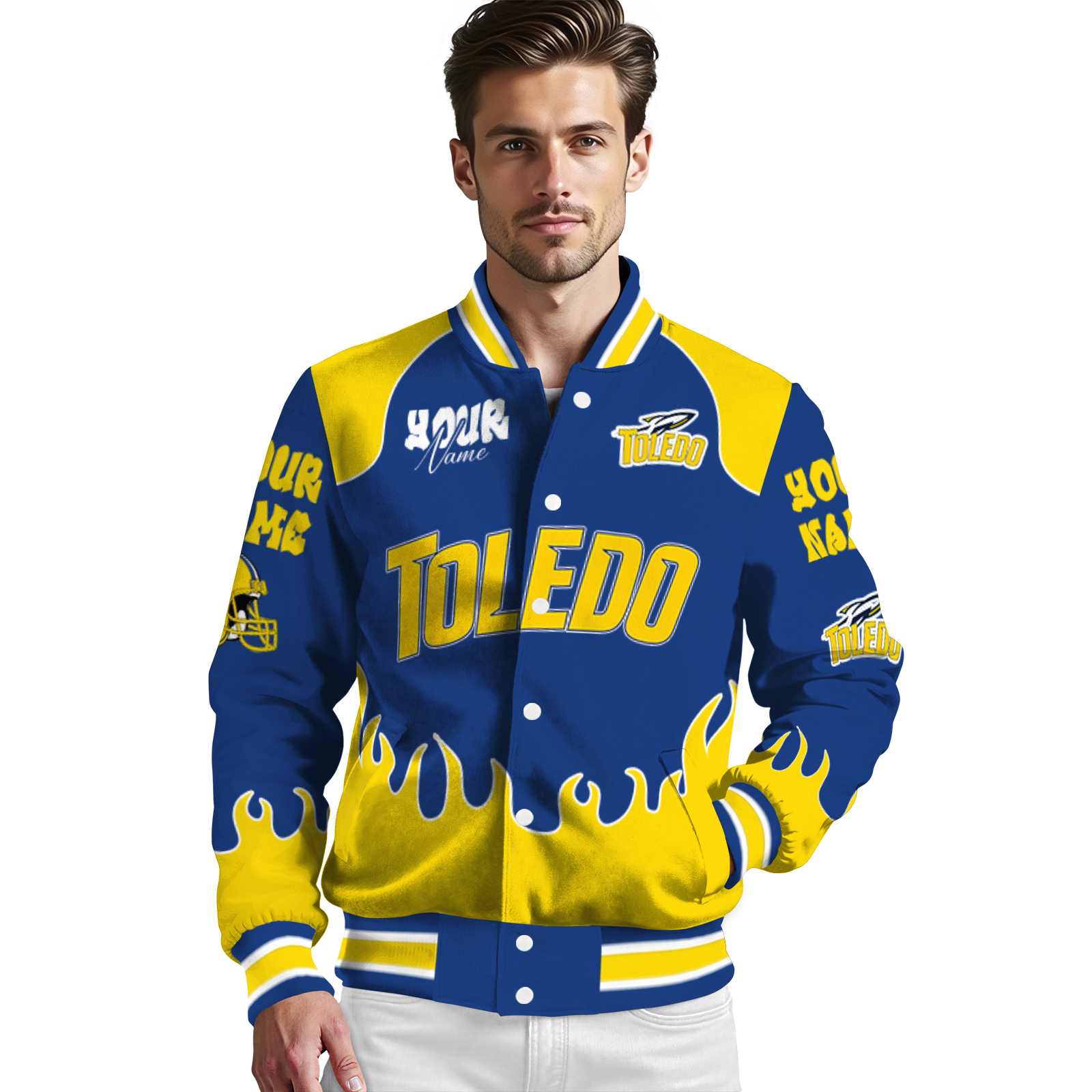 customized toledo rockets fire graphic blue jacket high quality customized toledo rockets fire graphic blue jacket high quality