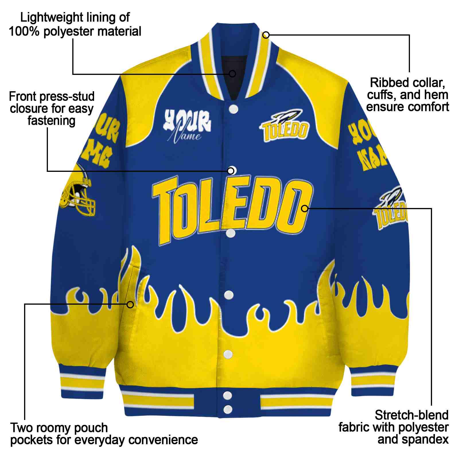 customized toledo rockets fire graphic blue jacket new arrival customized toledo rockets fire graphic blue jacket new arrival