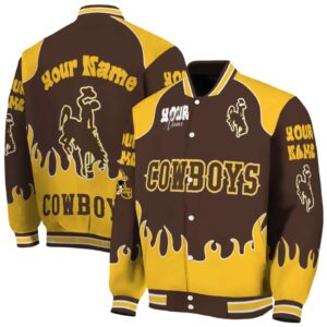 customized wyoming cowboys fire graphic brown jacket fashion forward