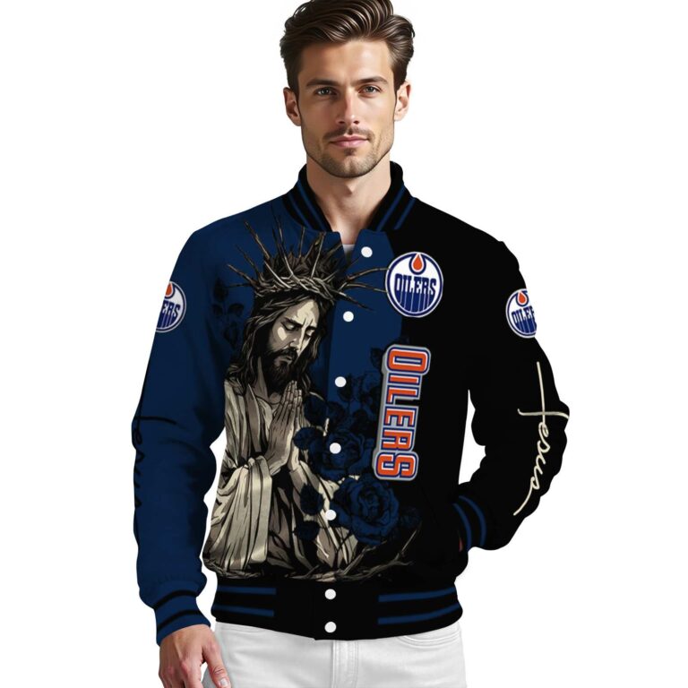 edmonton oilers hands in prayer blue black jacket high quality