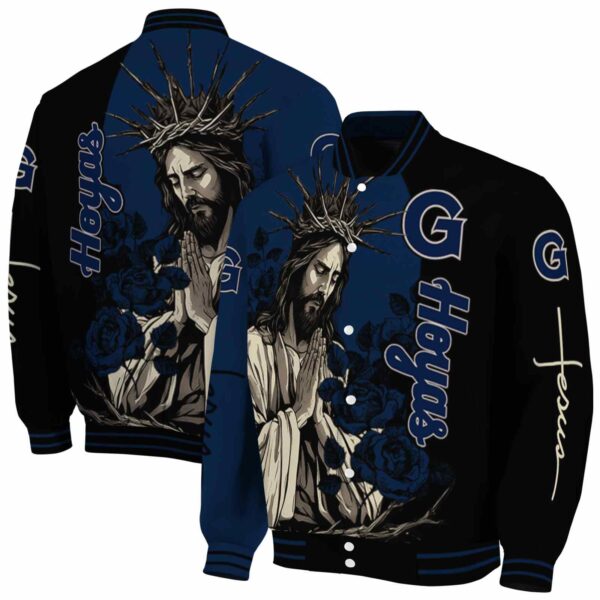 georgetown hoyas hands in prayer blue black jacket fashion forward