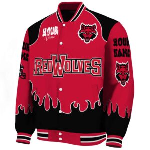 personalized arkansas state red wolves fire graphic scarlet jacket best selling