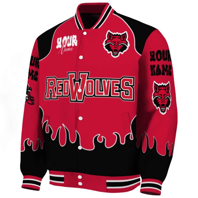 personalized arkansas state red wolves fire graphic scarlet jacket best selling
