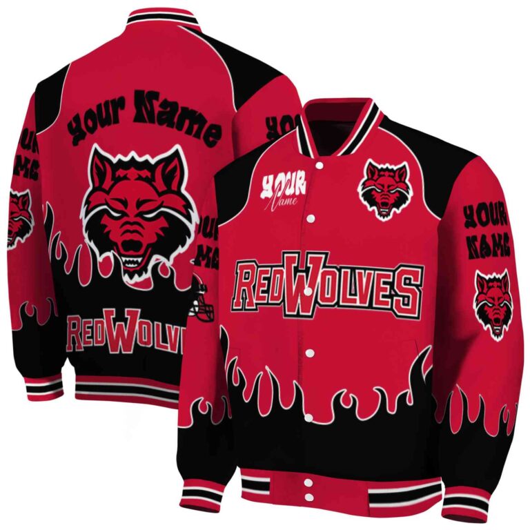 personalized arkansas state red wolves fire graphic scarlet jacket fashion forward