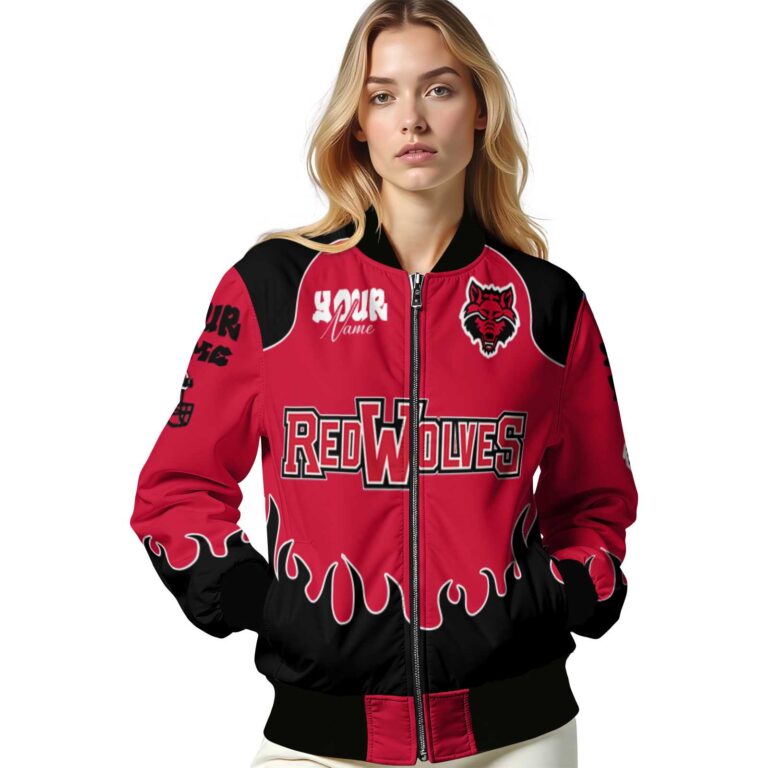 personalized arkansas state red wolves fire graphic scarlet jacket latest model