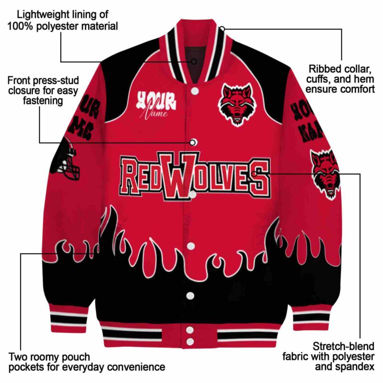 personalized arkansas state red wolves fire graphic scarlet jacket new arrival