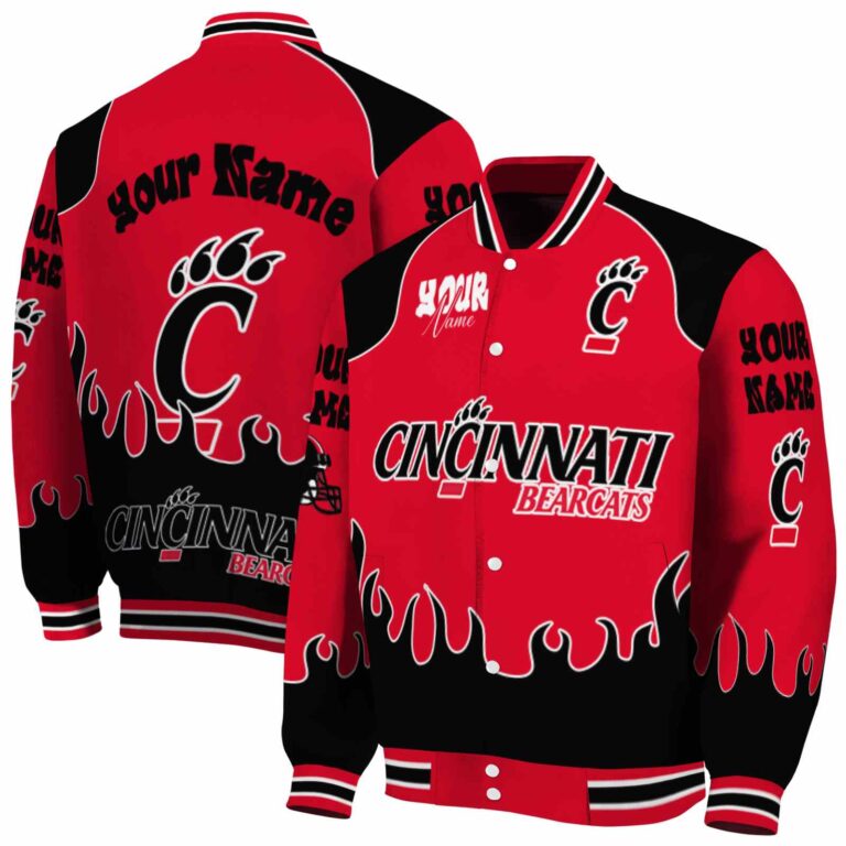 personalized cincinnati bearcats fire graphic red jacket fashion forward