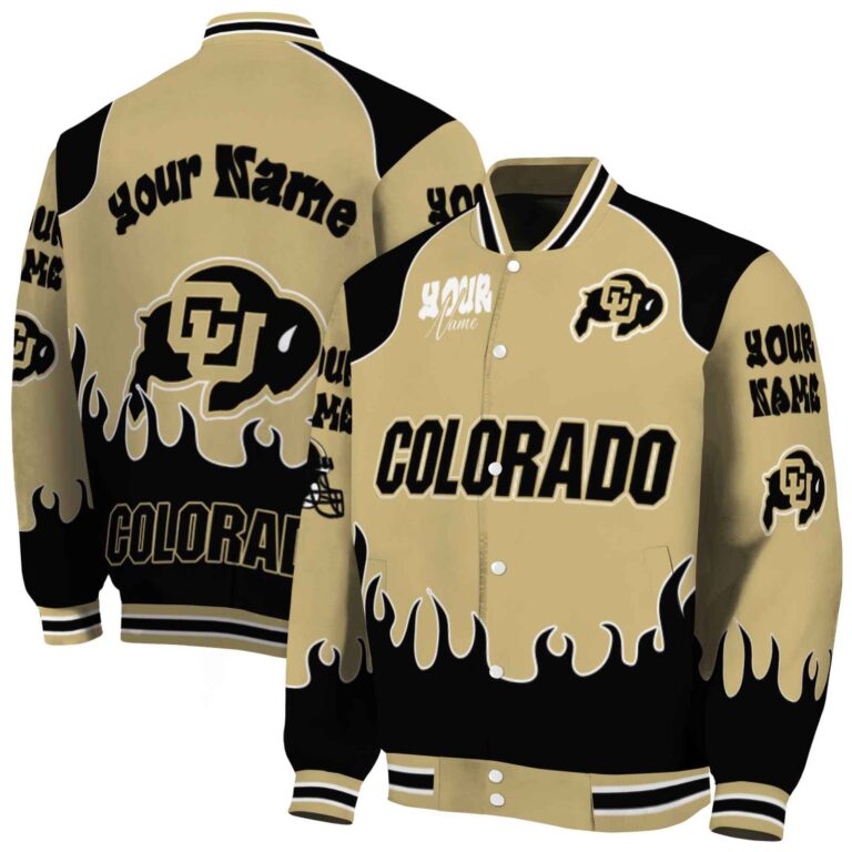 personalized colorado buffaloes fire graphic gold jacket fashion forward