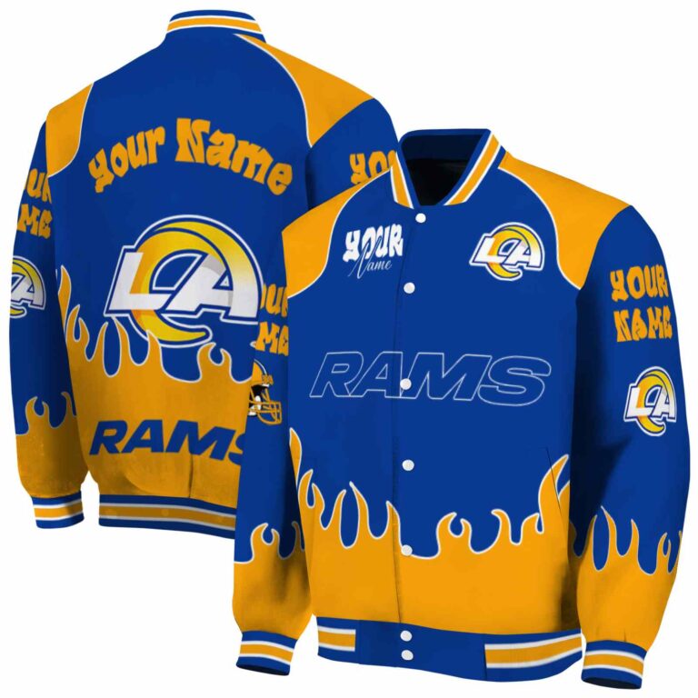 personalized los angeles rams fire graphic blue jacket fashion forward