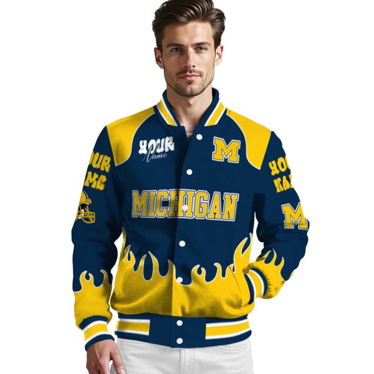 personalized michigan wolverines fire graphic blue jacket high quality
