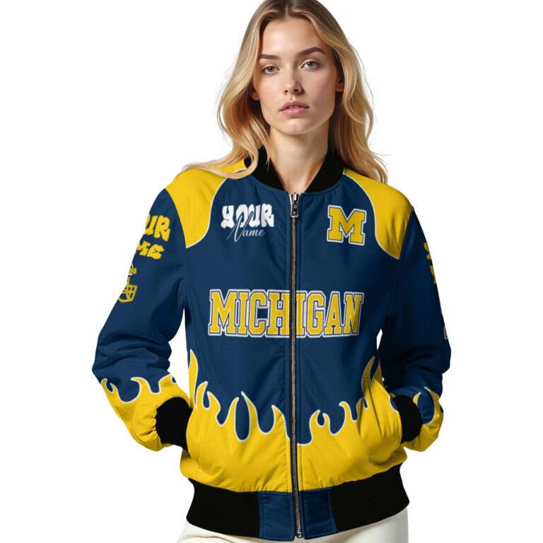 personalized michigan wolverines fire graphic blue jacket latest model