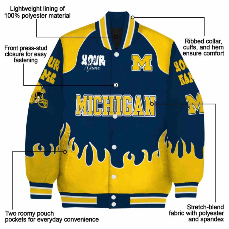 personalized michigan wolverines fire graphic blue jacket new arrival