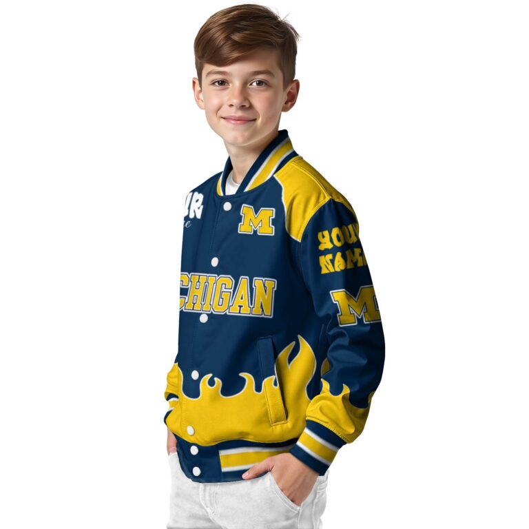 personalized michigan wolverines fire graphic blue jacket trendy