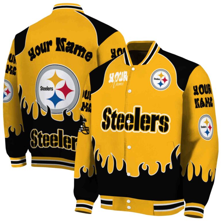 personalized pittsburgh steelers fire graphic gold jacket fashion forward