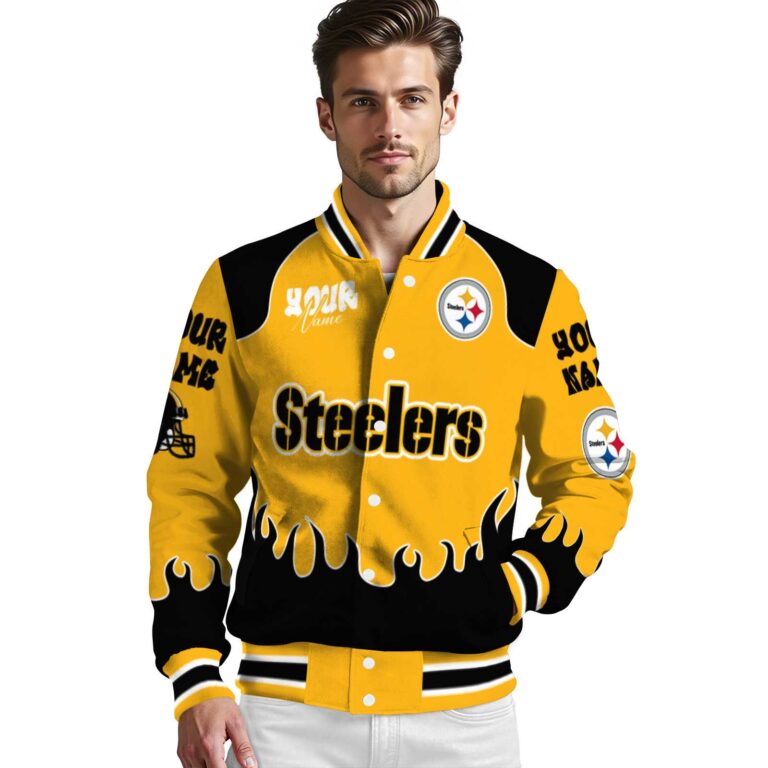 personalized pittsburgh steelers fire graphic gold jacket high quality