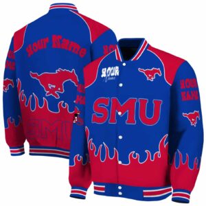personalized smu mustangs fire graphic blue jacket fashion forward