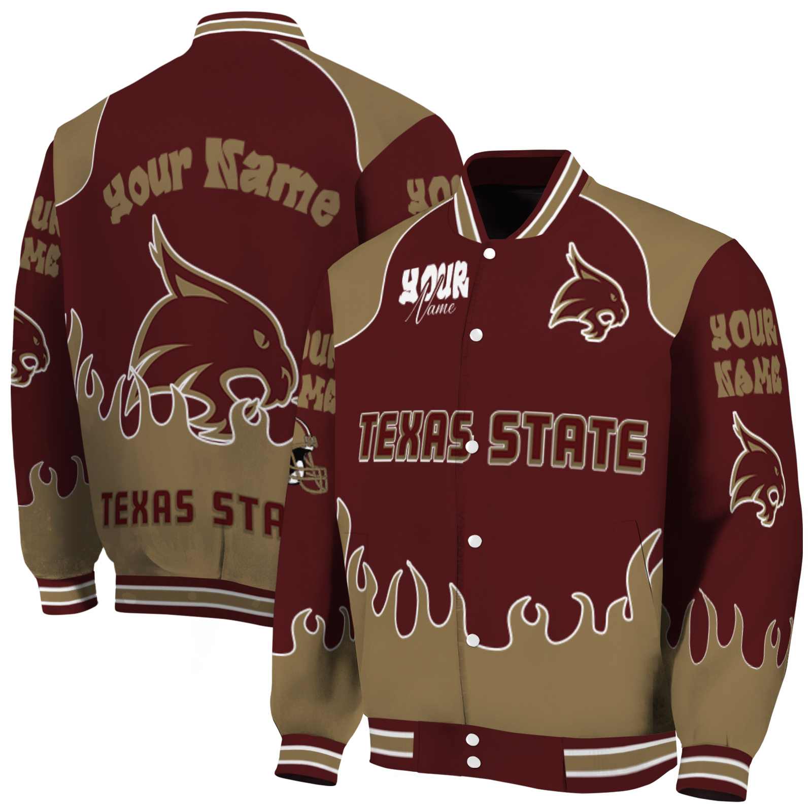 personalized texas state bobcats fire graphic maroon jacket fashion forward personalized texas state bobcats fire graphic maroon jacket fashion forward