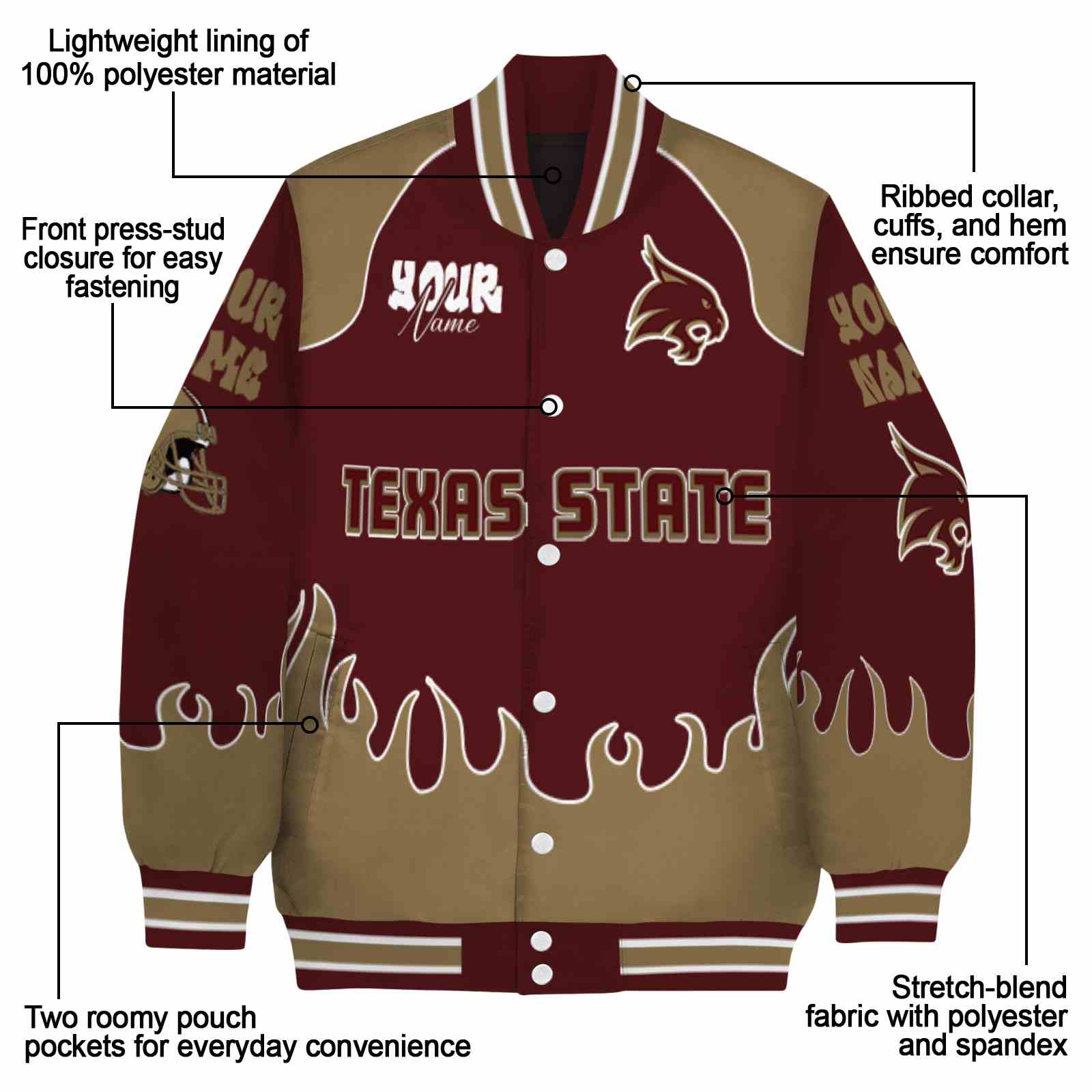 personalized texas state bobcats fire graphic maroon jacket new arrival personalized texas state bobcats fire graphic maroon jacket new arrival