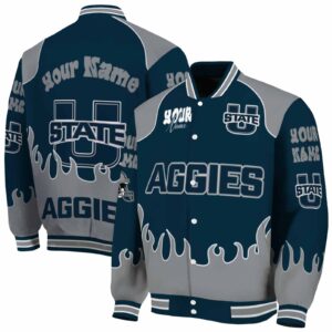personalized utah state aggies fire graphic navy jacket fashion forward