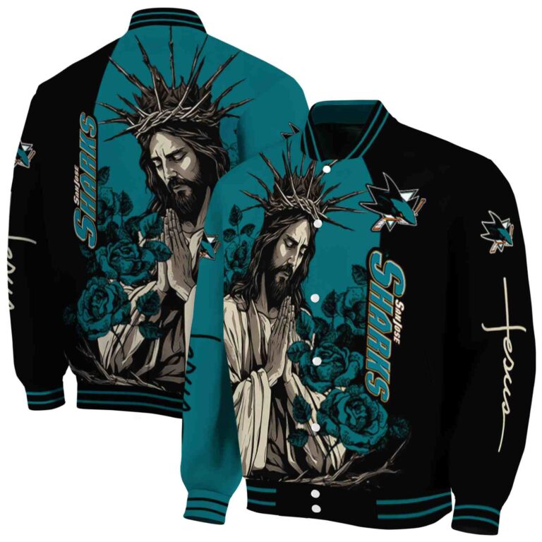 san jose sharks hands in prayer teal black jacket fashion forward