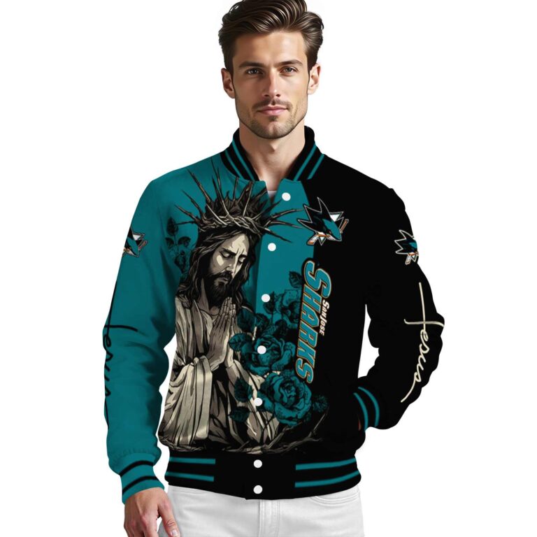 san jose sharks hands in prayer teal black jacket high quality