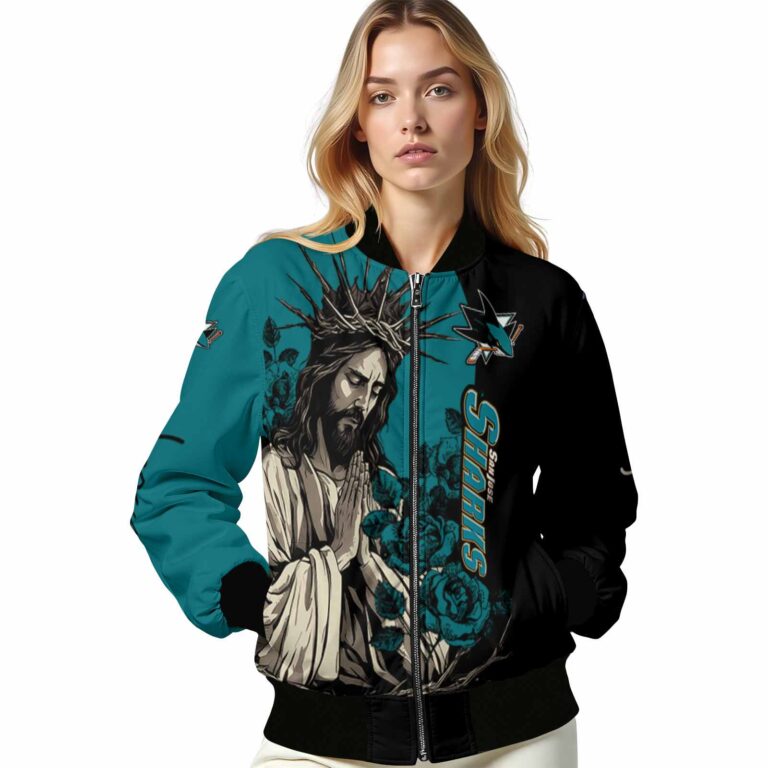 san jose sharks hands in prayer teal black jacket latest model
