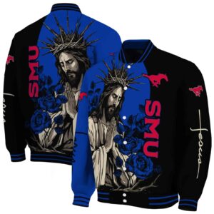 smu mustangs hands in prayer blue black jacket fashion forward