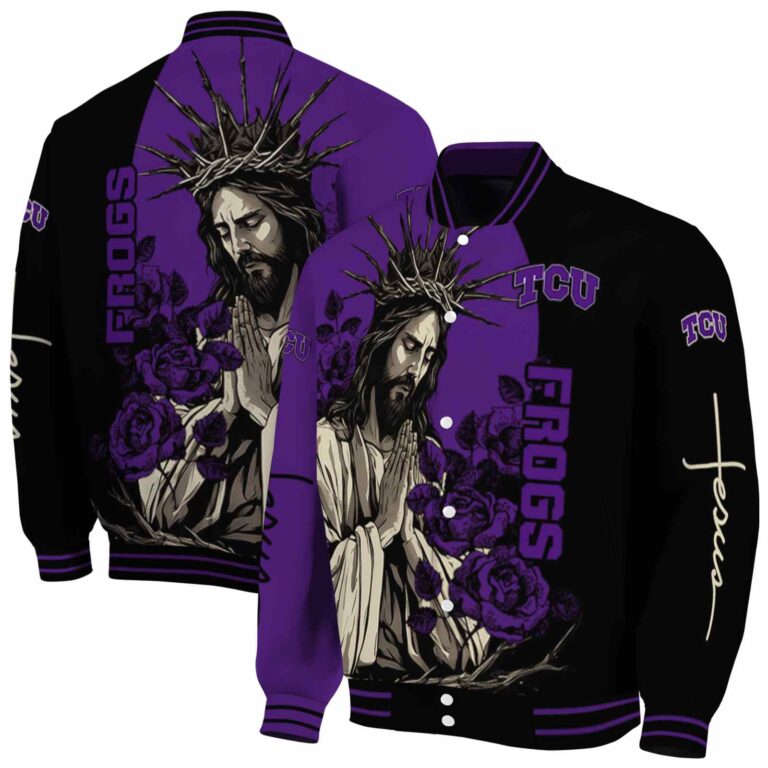 tcu horned frogs hands in prayer purple black jacket fashion forward