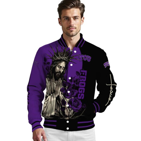 tcu horned frogs hands in prayer purple black jacket high quality