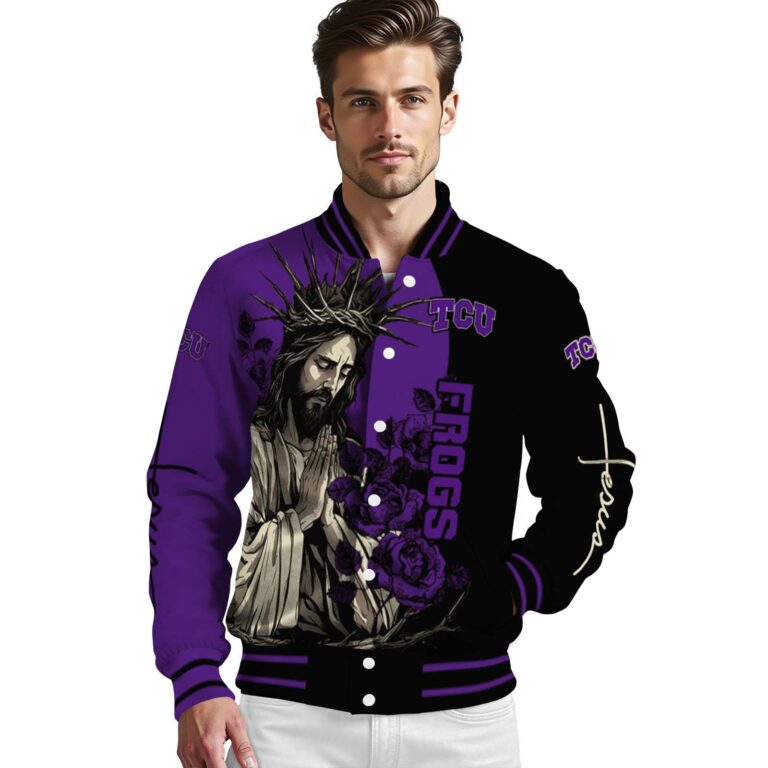 tcu horned frogs hands in prayer purple black jacket high quality