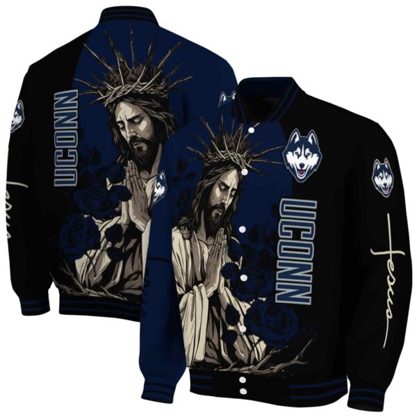 uconn huskies hands in prayer blue black jacket fashion forward