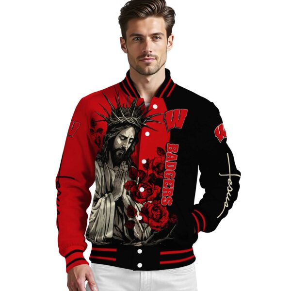 wisconsin badgers hands in prayer red black jacket high quality